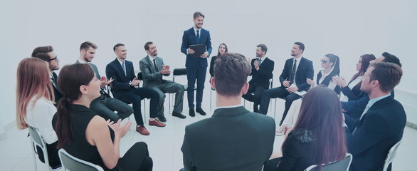 Presentation to the large number of people. Communication with e