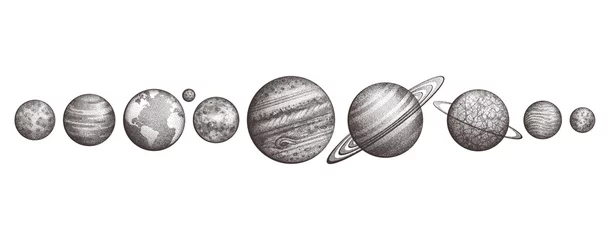 Foto op Canvas Collection of planets in solar system. Engraving style. Vintage elegant science set. Sacred geometry, magic, esoteric philosophies, tattoo, art. Isolated hand-drawn illustration. © mari