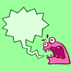 Red monster sponge with speech cloud. Vector illustration.