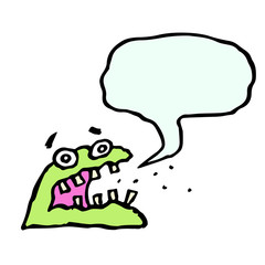Cute green monster. Speech cloud. Isolated vector illustration.
