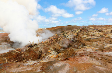 Gunnuhver Hot Springs at Grindavik, Iceland. The mud pools and steam vents on the southwest part of Reykjanes, Iceland.