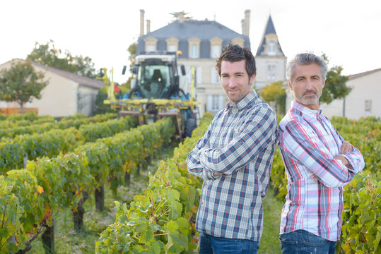 Portrait of two men by grape vines, chateau in background