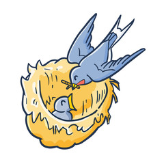 Funny and cute blue purple bird feeding on it nest - vector.