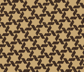 Seamless kraft paper brown and black grunge hexagonal stars revolving isometric vintage pattern vector