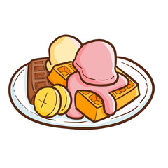 Yummy and funny waffles with ice cream vanilla & strawberry - vector.
