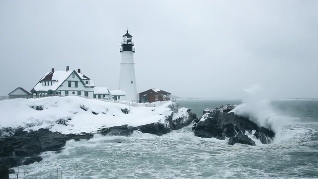 Blizzard Causing Large Waves by Lighthouse