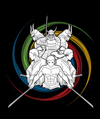 Group of Samurai, Ready to fight action cartoon designed on spin wheel graphic vector