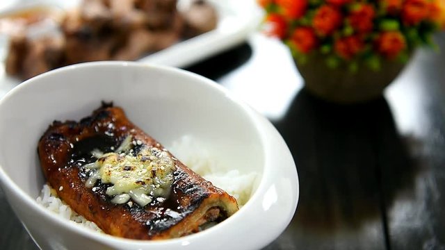 unagi rice bowl with mozzarella cheese
