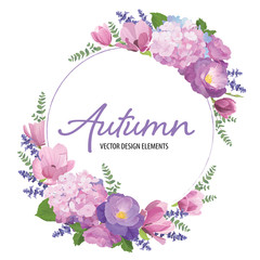 Fototapeta premium Floral frame with autumn hydrangea flowers, rose, magnolia and lavender on white background. Vector set of blooming floral for wedding invitations and greeting card design. 