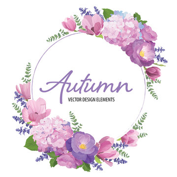Floral frame with autumn hydrangea flowers, rose, magnolia and lavender on white background. Vector set of blooming floral for wedding invitations and greeting card design. 