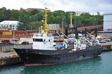 Trawler carrier in port