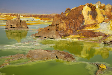 Fototapeta na wymiar Dalol, Dankakil Depression. Volcanic hot springs of Ethiopia. Earth’s lowest land volcano. The craters contains hot springs that boast a whole range of otherworldly colours, including neon yellow.