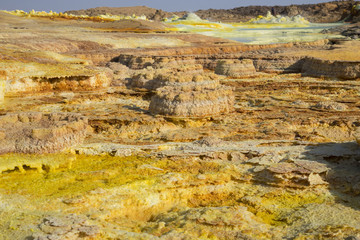 Dalol, Dankakil Depression.  Volcanic hot springs of Ethiopia. Earth’s lowest land volcano.  The...