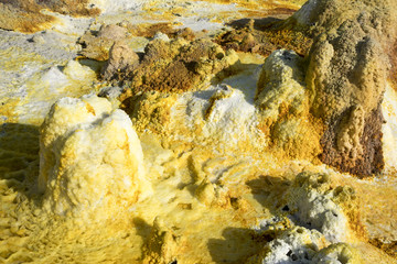 Dalol, Dankakil Depression.  Volcanic hot springs of Ethiopia. Earth’s lowest land volcano.  The craters contains hot springs that boast a whole range of otherworldly colours, including neon yellow.