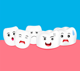 Obraz premium Cartoon tooth character crowding. Dental problem concept, illustration.