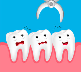 Cute cartoon tooth dental extraction, removal of tooth. Dental problem concept, illustration.