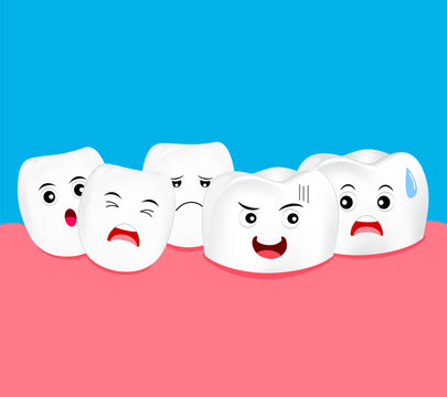 Cartoon tooth character crowding. Dental problem concept, illustration.
