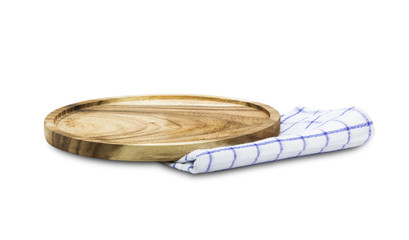 Wooden plate on tablecloth isolated on white background with clipping path / Wood texture / Wooden plate use for serve food or pizza circular and flat made of wood. Widely used by restaurants.