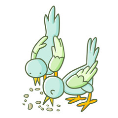 Funny and cute 2 little blue birds eating on the ground  - vector.