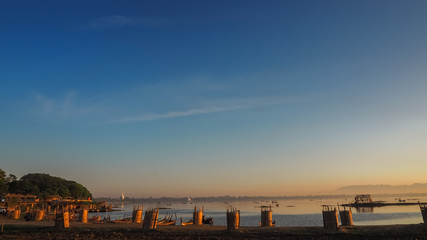 Path of Life of fisherman at river side in Mandalay, Myanmar with wonderful sun light at morning.