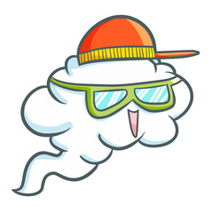 Funny and cool cartoon cloud flying happily wearing a red hat - vector.