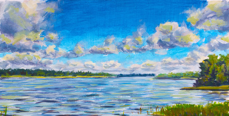 Naklejka premium Original oil painting Beautiful purple river, Large clouds against blue sky, green river banks. Landscape is summer on the water. Nature. Russian lake. impressionism painting.