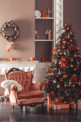 Image of chimney and decorated Christmas tree with gift