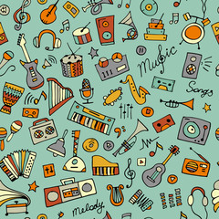 Music instruments sketch, seamless pattern for your design