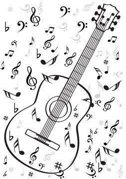 Guitar musical instrument vector in black outline with music symbols