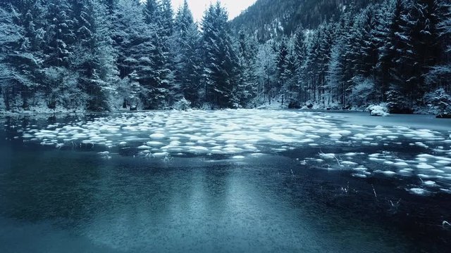 aerial flight over winter landscape in ebensee