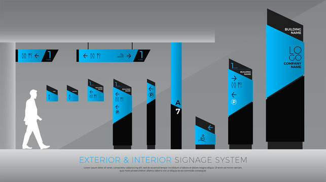 exterior and interior signage blue graphic. direction, pole, wall mount and traffic signage system design template set. empty space for logo, text, color corporate identity