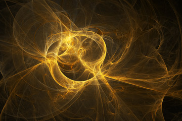 Abstract glowing golden shapes on black background. Fantasy fractal texture. 3D rendering.