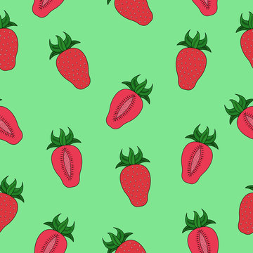 Seamless pattern with  strawberries on a green background.