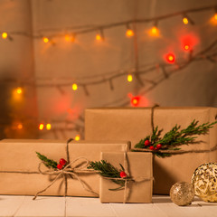 christmas tree light on wooden table.