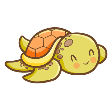 Funny and cute green orange old turtle - vector.