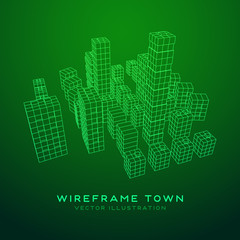 Mesh low poly wireframe cubes array like skyscraper city. Connected lines town. Connection Box Structure. Digital Data Visualization Concept. Vector Illustration.