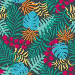 Tropical background with palm leaves. Seamless floral pattern. Summer vector illustration