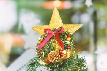 Christmas decoration, golden star with red ribbon decoration on pine tree branch