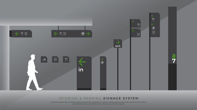 interior and parking signage. direction, pole, wall mount and traffic signage system design template set. empty space for logo, text, color corporate identity