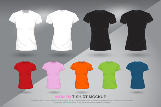 Women t-shirt mockup, Set of black, white and colored t-shirts templates design. front and back view shirt mock up. vector illustration