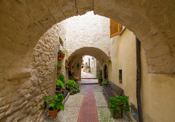 Castelnuovo di Farfa, Italy - A very little medieval town in province of Rieti, Lazio region, central Italy. Here in particular the nice historic center in stone
