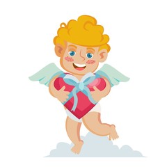 Cupid Vector. Happy Valentine s Day. Holding A Box Present In Form Of Heart. Isolated On White Cartoon Character Illustration
