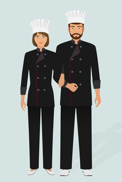 Restaurant chef and cook in uniform. Couple of catering service staff characters. Hotel welcoming banner.