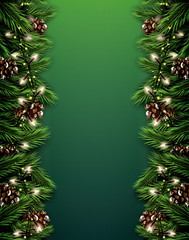 Fototapeta na wymiar Fir Branch with Neon Lights and Pine Cone on Green Background. Merry Christmas. Happy New Year.