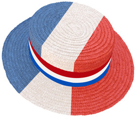 chapeau de paille cocorico bleu blanc rouge , canotier Maurice Chevalier, fond blanc