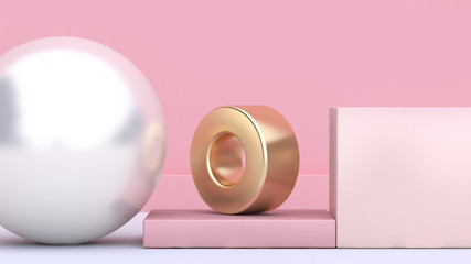 white sphere gold circle-tube soft pink background 3d rendering