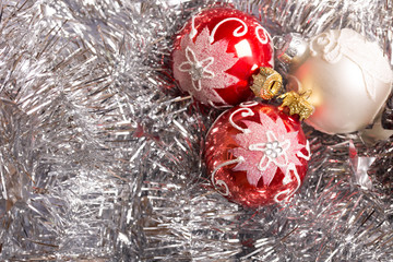 New year christmas decoration on silver background top view