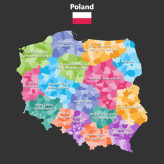 Obraz premium Mapa wektorowa województw Polski z podziałem administracyjnym. W nawiasach podano polskie nazwy, różniące się od angielskich.