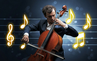 Young cellist with music sheet