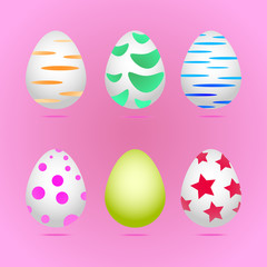 A set of six realistic white chicken eggs painted with colorful stripes, stars, circles. Vector: isolated on a pink background. Template for a happy Easter holiday.